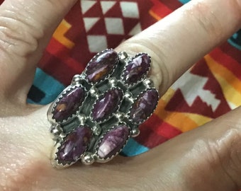 SIGNED Vintage Native America Indian Jewelry Navajo Zuni Petit Point Sterling Silver Purple Spiny Oyster Ring Southwestern Needlepoint