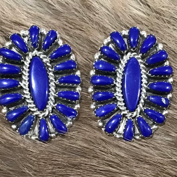 SIGNED Native American Indian Jewelry Navajo Sterling Silver Lapis Lazuli Zuni  Petit Point Needlepoint Earrings Southwestern