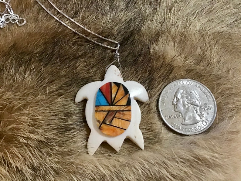 Vintage Native America Indian Jewelry Turquoise Spiny Oyster Sterling Silver Turtle Necklace Southwestern Jewelry Zuni Native American