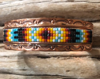 SIGNED Vintage Native America Indian Jewelry Copper Hand Beaded Feather Navajo Cuff Southwestern Handcrafted Handmade