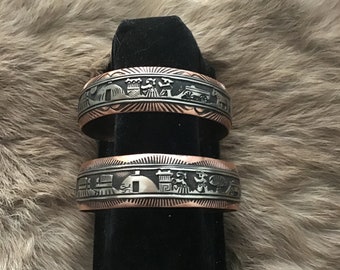 SIGNED Vintage Native America Indian Jewelry Navajo Silver Copper “StoryTeller” Bracelet Cuff Southwestern