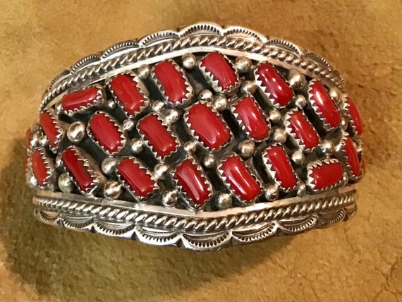 Remarkable 13 Story Vintage Native American Zuni Coral Sterling Silver Bracelet Signed Remarkable 13 Story Vintage Native American Zuni Coral Sterling Silver Bracelet Signed