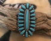 SIGNED Vintage Native America Indian Jewelry Navajo Zuni Petit Point Sterling Silver Kingman Turquoise Ring Southwestern Jewelry Needlepoint