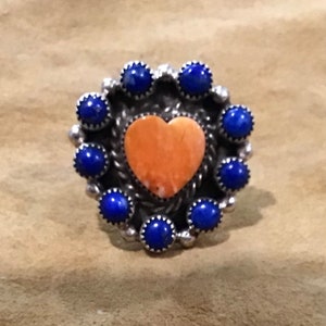 SIGNED Vintage Native America Indian Jewelry Sterling Silver Lapis Lazuli Spiny Oyster Ring Navajo Statement Ring Southwestern Wedding