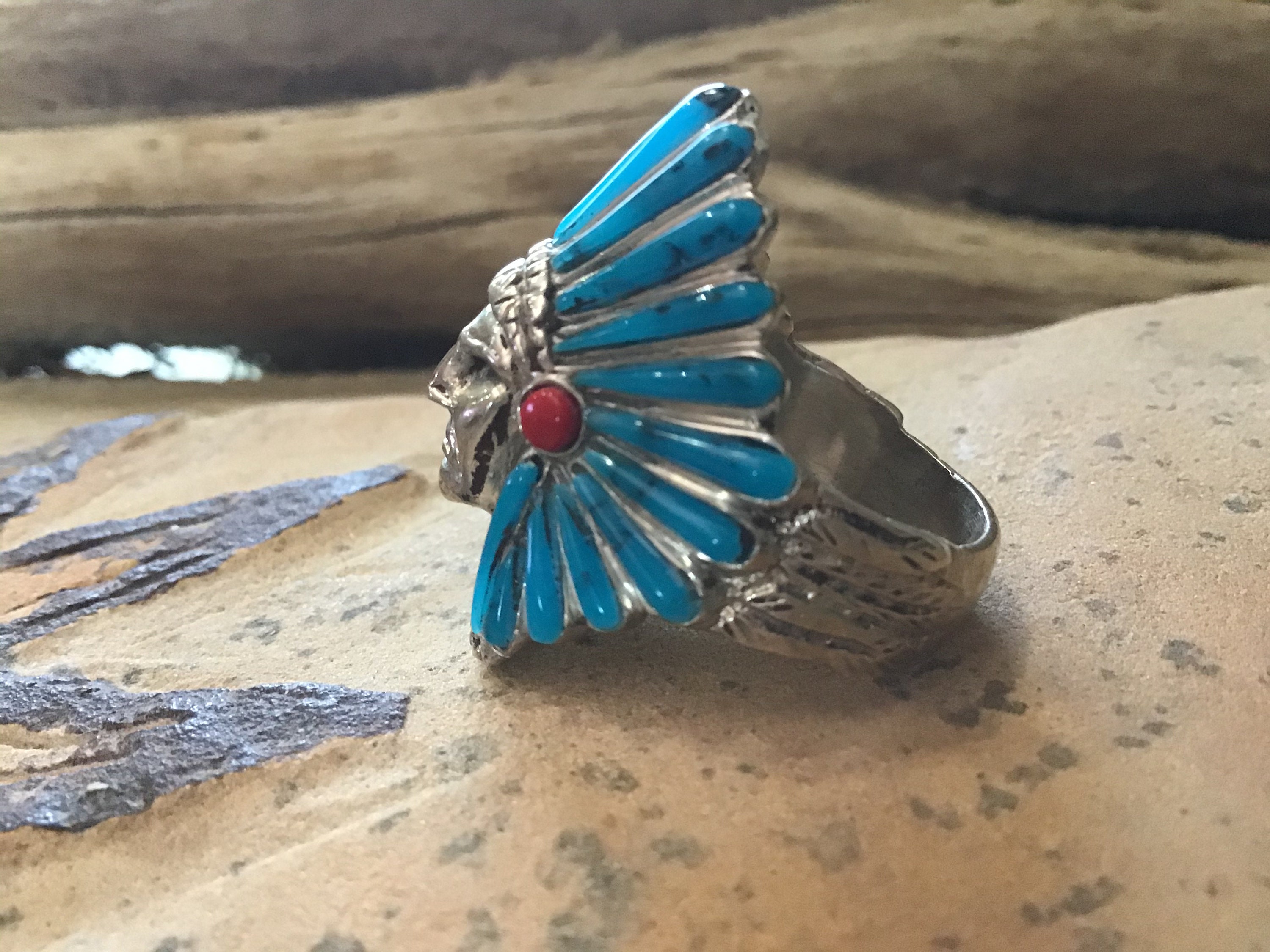 Türkis Und Koralle Navajo Ring Aus Silber 925-Sterling Silber Ring Mit Turkis Und Koralle Breite Ca 2 Cm