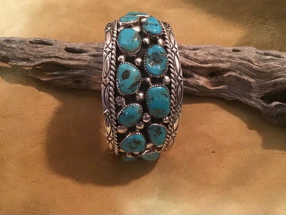 Authentic Vintage Native American Navajo Turquoise Inlay Sterling Silver Bracelet Authentic Vintage Native American Navajo Turquoise Inlay Sterling Silver Bracelet
