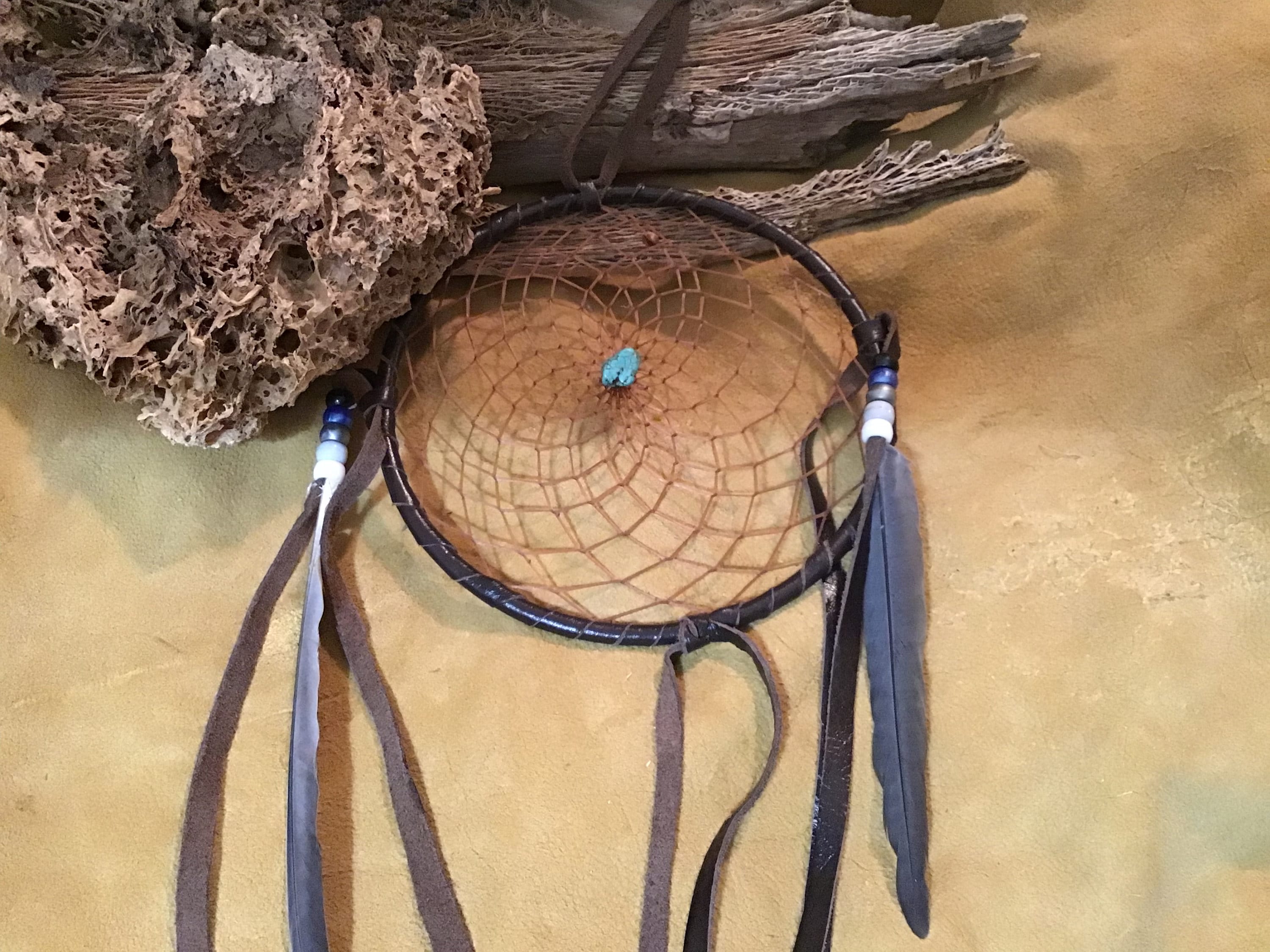 Native America Indian Navajo Dream Catcher Turquoise Feathers Beaded ...