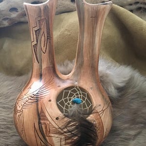 SIGNED Authentic Navajo Hand Carved White Clay Fancy Dancer Dreamcatcher Feather Pottery Wedding Vase Southwestern Native American