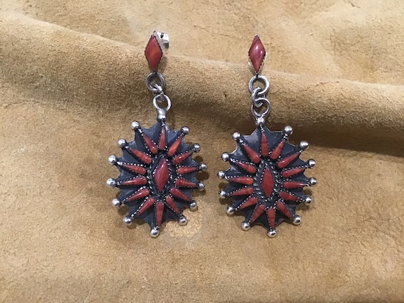 Huge Vintage Native American Zuni Needlepoint Coral Sterling Silver Chandelier Earrings Huge Vintage Native American Zuni Needlepoint Coral Sterling Silver Chandelier Earrings