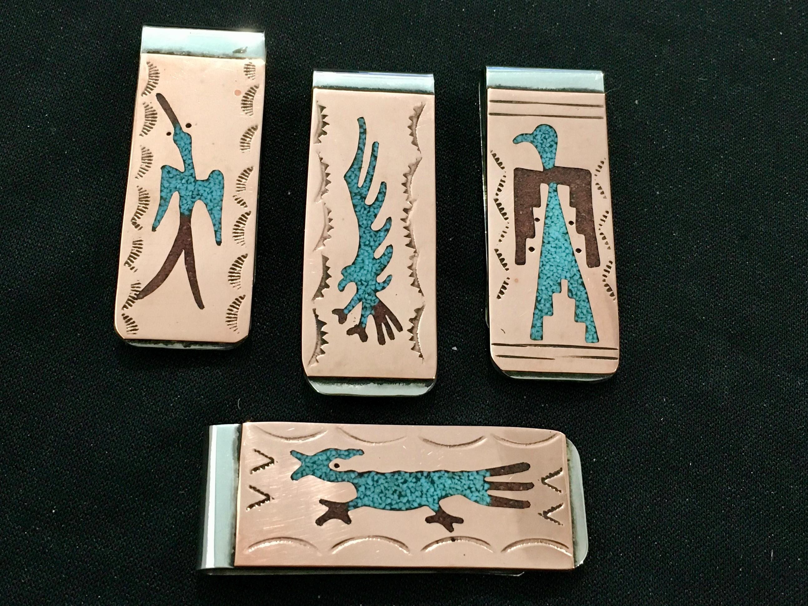 SIGNED Native American Indian Navajo Turquoise Red Coral Copper Money ...