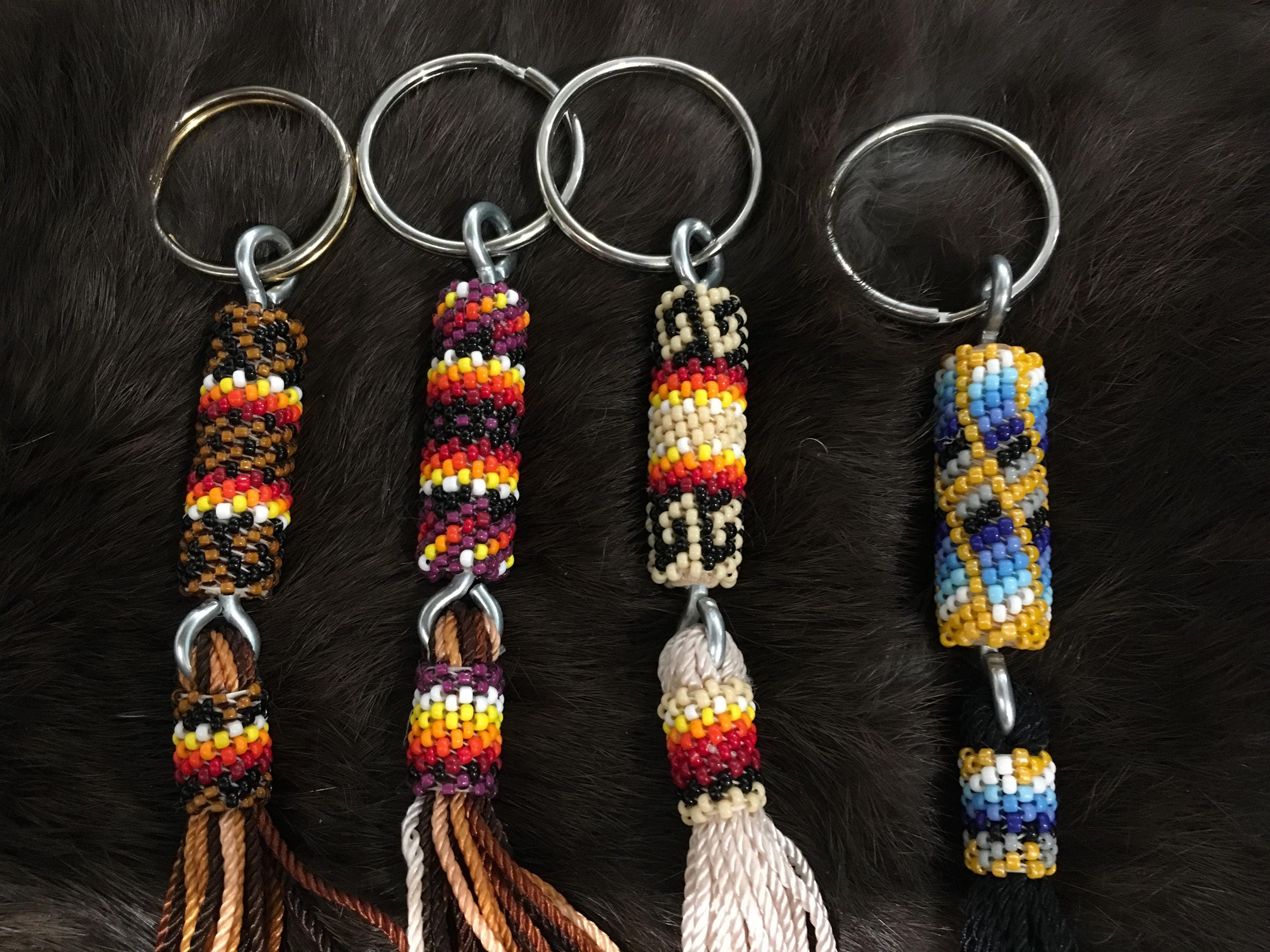 Authentic Native American Indian Jewelry Peyote Stitch Beaded Keychain Leather Southwestern Art Southwest Jewelry Multi Colored Beaded