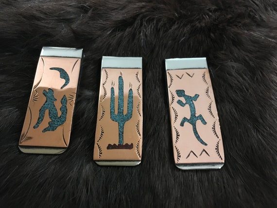 SIGNED Native America Indian Navajo Turquoise Cactus Money Clip