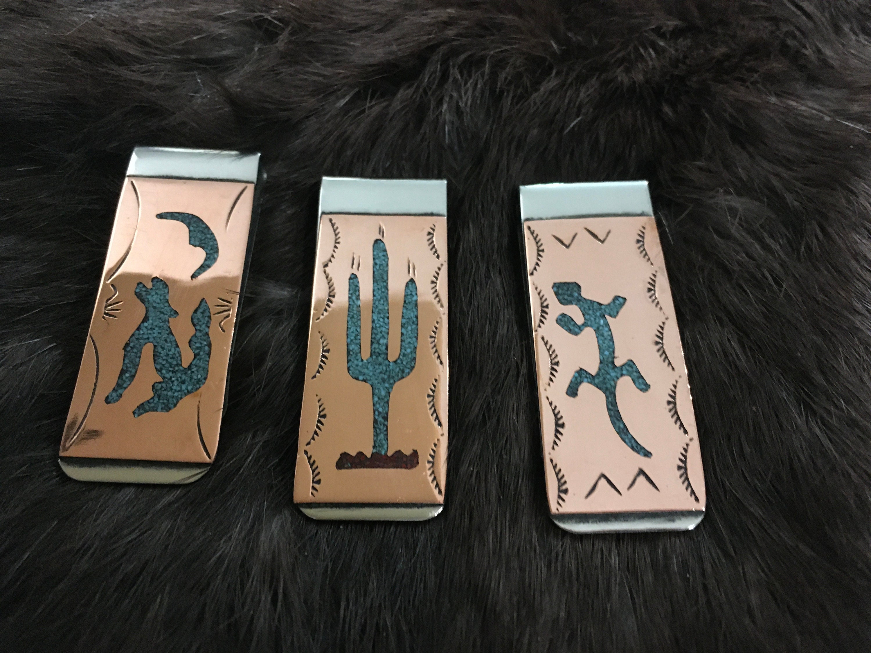 アンティーク雑貨 Indian Clip SIGNED Native America Indian Navajo Turquoise Cactus Money Clip