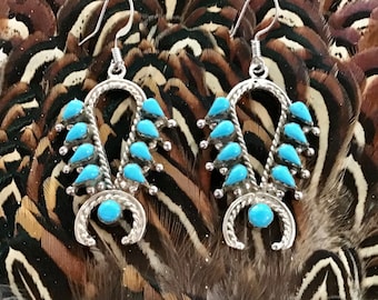 Native America Indian Jewelry Navajo Zuni Hopi Sterling Silver Turquoise Earrings Squash Blossom Handcrafted Petit Point Needlepoint Naja