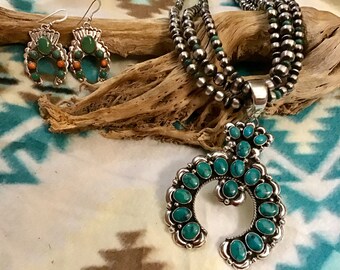Vintage Native American Indian Jewelry Turquoise Squash Blossom