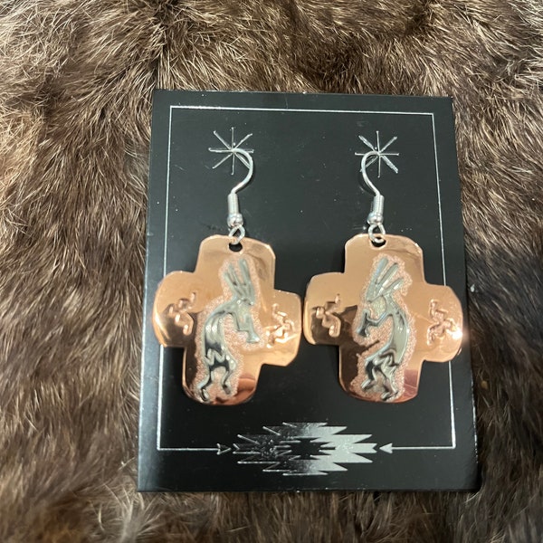 SIGNED Authentic Native America Indian Jewelry Vintage Navajo Zuni Copper Kokopelli Cross Southwestern Native American Indian Earrings