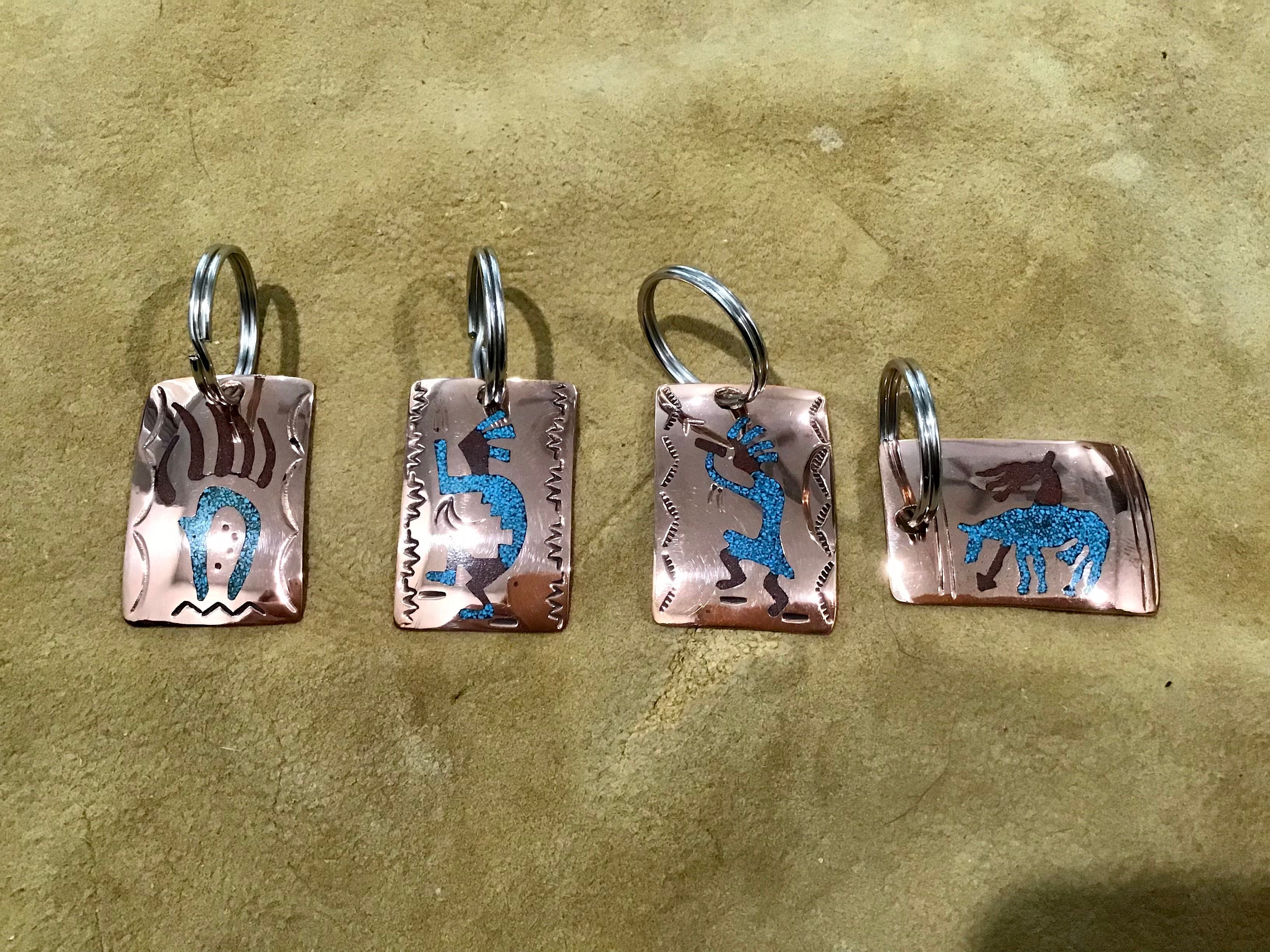 SIGNED Authentic Native America Indian Jewelry Navajo Copper Turquoise Red Coral Keychain Kokopelli Art Southwest Jewelry