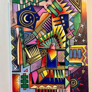 May include: Abstract painting with geometric shapes in various colors, including red, blue, green, yellow, and purple. The painting features a crescent moon, a sun, and a stylized bird.
