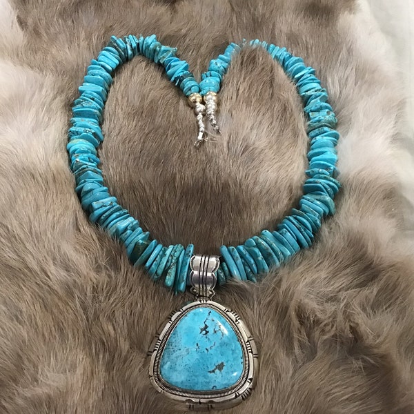 FIRMADO Vintage Authentic Native America Indian Jewelry Chunky Sleeping Beauty Turquoise Navajo Necklac Southwestern Jewelry Large Pendant