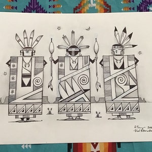 May include: Black and white ink drawing of three figures in traditional Native American attire, each holding a staff. The figures have geometric designs on their clothing and headdresses. The artwork is signed "K. Femyo 2022 - Died Bitterwater."