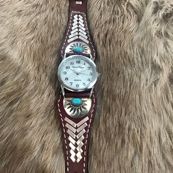 Authentic Native American Indian Navajo Zuni Sterling Silver Turquoise Leather Watch Band Jewelry Southwestern Art