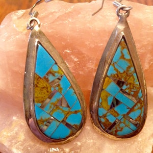 Native America Indian Jewelry Earrings Zuni Tribe Sterling Silver Turquoise Inlaid Dangle Navajo Earrings Southwestern