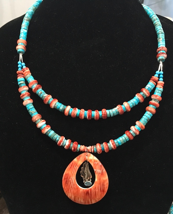 Unique Vintage Native American Needle Turquoise Shell Sterling Silver Necklace Unique Vintage Native American Needle Turquoise Shell Sterling Silver Necklace