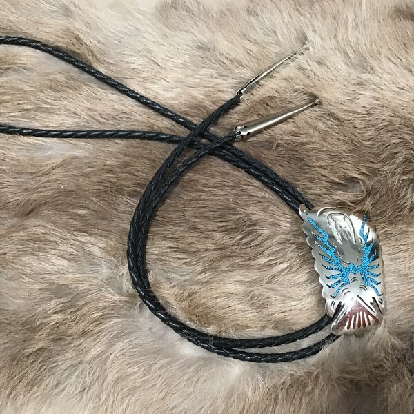 SIGNED Vintage Authentic Native American Indian Jewelry Navajo Zuni German Silver Red Coral Turquoise Thunderbird Bolo Tie Native America