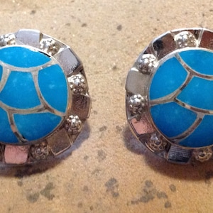 Vintage Native America Indian Jewelry Navajo Sleeping Beauty Turquoise Sterling Silver Earrings Inlaid Turquoise Native Jewelry Earrings
