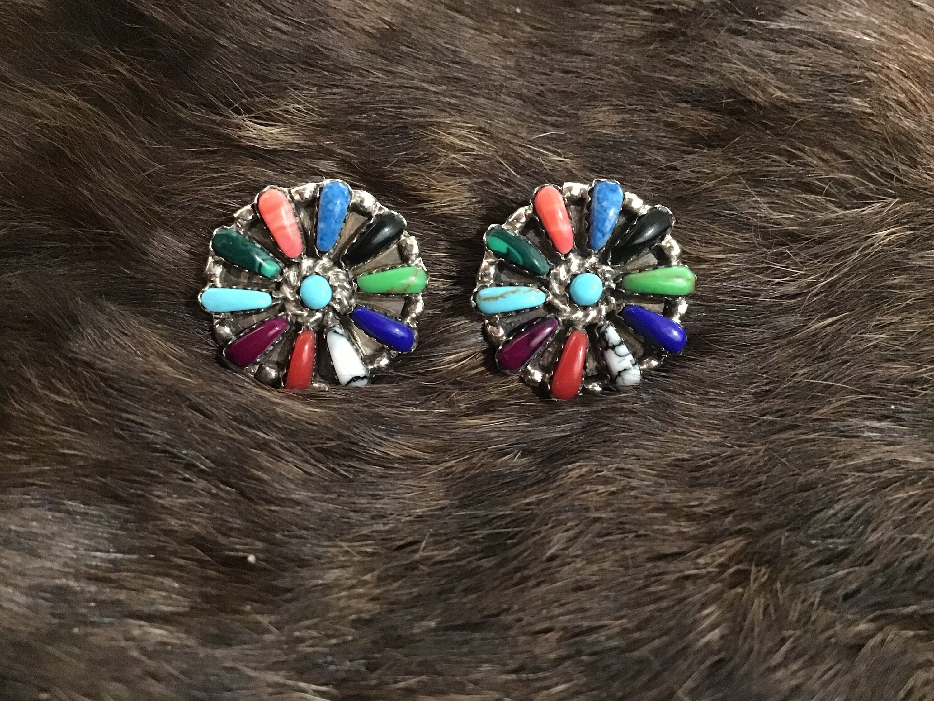 SIGNED Native America Indian Jewelry Navajo Sterling Silver Red Coral Zuni Petit Point Needlepoint Earrings Southwestern