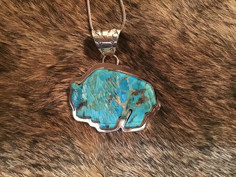 SIGNED Authentic Native American Indian Jewelry Navajo Vintage Sterling  Silver Sacred Buffalo Pendant #8 Turquoise Southwestern
