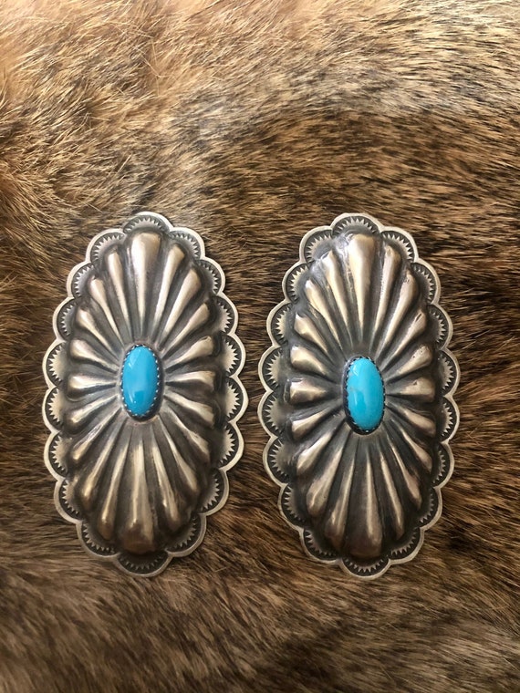 Signed Vintage Native American Navajo Sleeping Beauty Turquoise Sterling Silver Earrings Signed Vintage Native American Navajo Sleeping Beauty Turquoise Sterling Silver Earrings