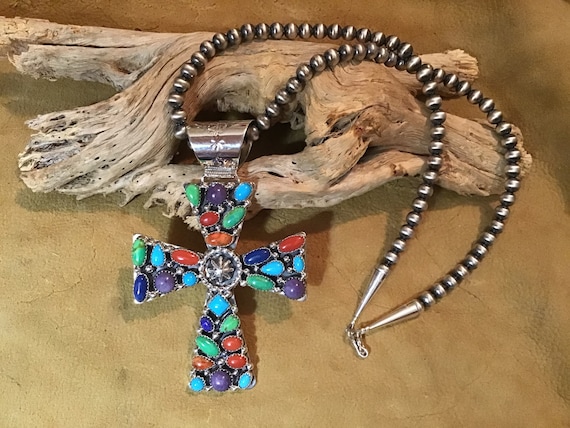 Impressive Vintage Native American Navajo Turquoise Gaspeite Sterling Silver Cross Pendant Impressive Vintage Native American Navajo Turquoise Gaspeite Sterling Silver Cross Pendant