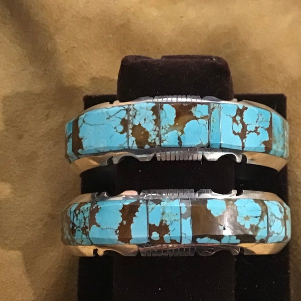 SIGNED Vintage Native American Indian Jewelry Navajo Bracelet Cuff Sterling Silver Number 8 Turquoise Southwest