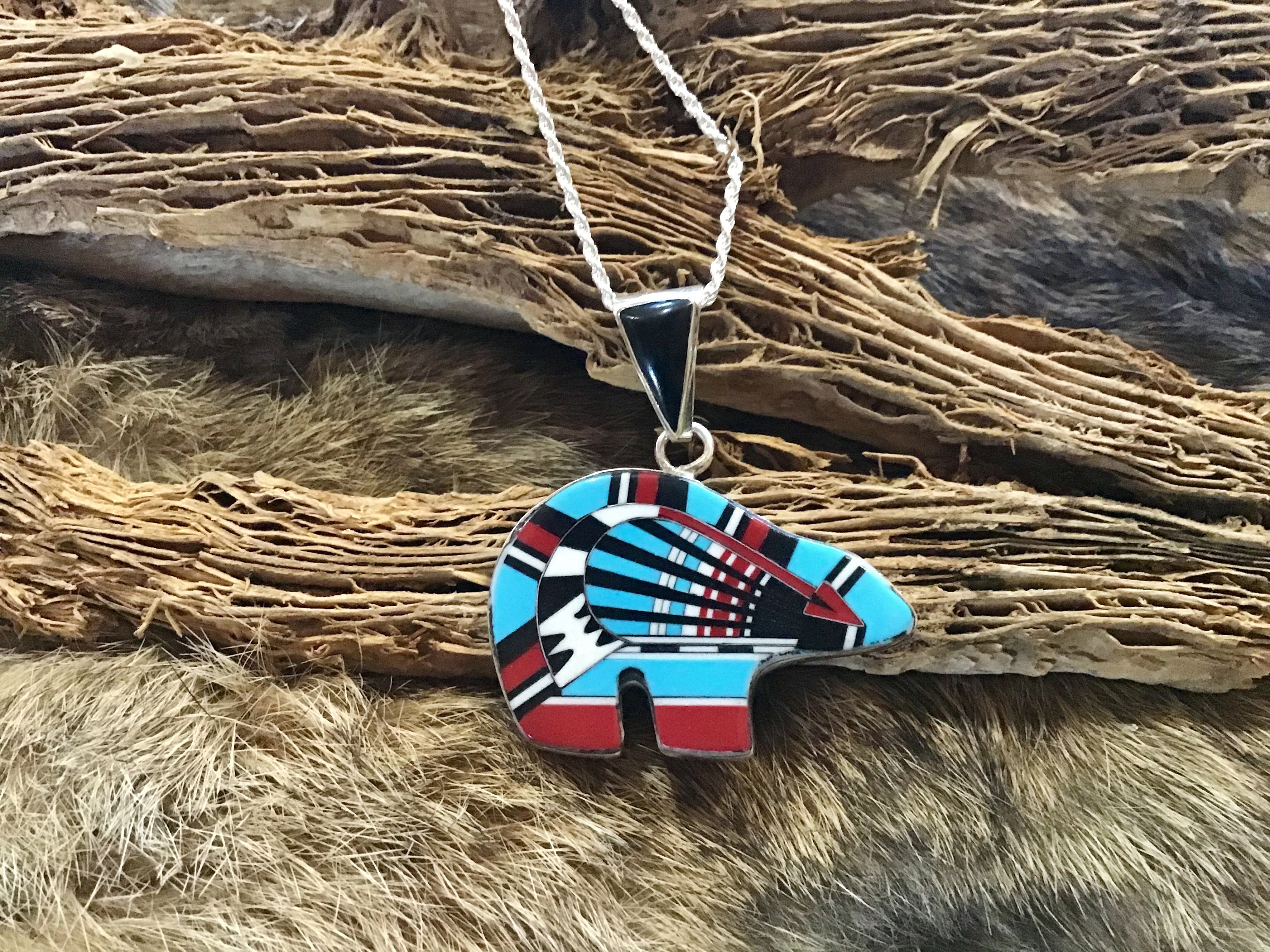 Jeff Jones Vintage Native American Navajo Turquoise Coral Inlay Sterling Silver Necklace Jeff Jones Vintage Native American Navajo Turquoise Coral Inlay Sterling Silver Necklace
