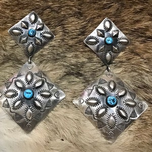 SIGNED Vintage Native America Indian Jewelry Navajo Hand Stamped Sterling Silver Earrings Southwestern Navajo Sleeping Beauty Turquoise