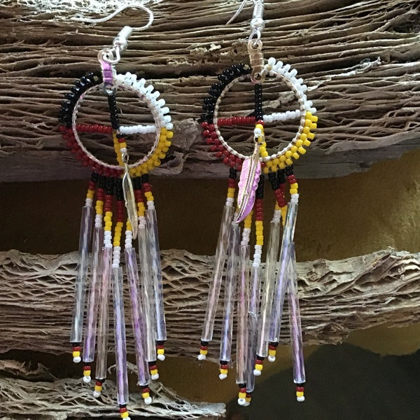 Native American Indian Jewelry Earrings Zuni Tribe Silver Medicine Wheel Feathers Navajo Beaded Earrings Native America Southwestern