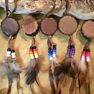 Authentic Native America Indian Navajo Teepee Drum Feathers Wrapped With Leather Southwestern Art Navajo Turquoise Rear View Mirror