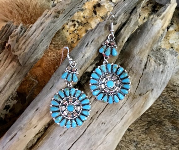 Beautiful Vintage Native American Zuni Turquoise Sterling Silver Cross Earrings Beautiful Vintage Native American Zuni Turquoise Sterling Silver Cross Earrings