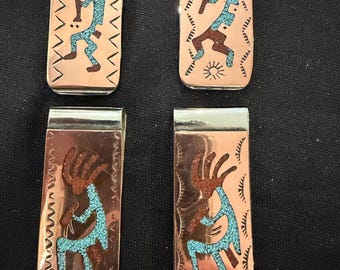 Clip para billetes de cobre, turquesa y coral rojo, firmado por los nativos americanos Navajo. Arte nativo americano del suroeste de Estados Unidos, estilo Zuni.