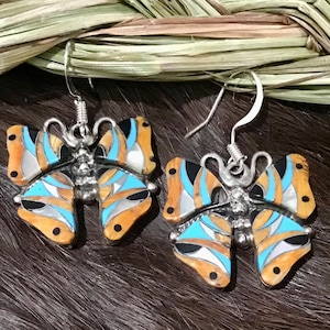 SIGNED Vintage Authentic Native America Indian Jewelry Navajo Zuni Sterling Silver Butterfly Cobblestone Native America Earrings