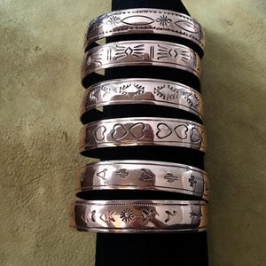 SIGNED Authentic Native America Indian Jewelry Apache Navajo Zuni Tribe Copper Native Symbols Bracelet Cuff Southwestern