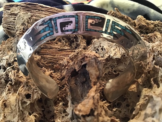 Signed Vintage Native American Navajo Turquoise Coral Sterling Silver Geomtric Bracelet Signed Vintage Native American Navajo Turquoise Coral Sterling Silver Geomtric Bracelet