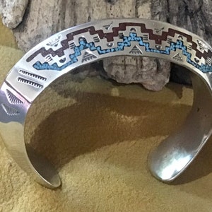 SIGNED HEAVY Vintage Native America Indian Jewelry Navajo Zuni Sterling Silver Red Coral Turquoise “StoryTeller” Bracelet Cuff Southwestern