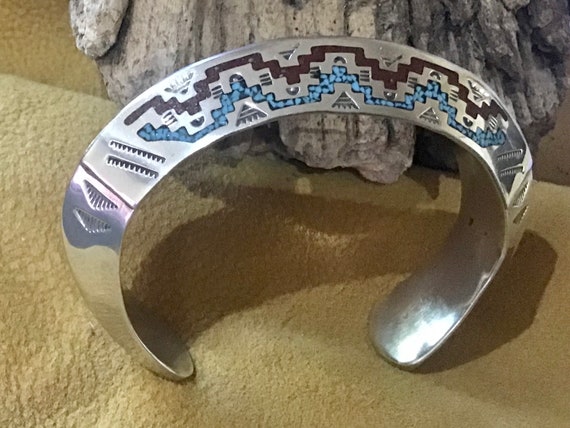 Native American Heavy Vintage Zuni Turquoise Coral Inlay Sterling Silver Bracelet Native American Heavy Vintage Zuni Turquoise Coral Inlay Sterling Silver Bracelet