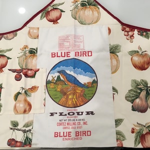 May include: A white flour sack with a blue bird logo and the text "Blue Bird Enriched Flour Bleached Net Wt. 20 lbs. 9.08 kg. Cortez Milling Co., Inc. Cortez Colo. 81321 Blue Bird Enriched" printed on it. The sack is sewn onto a white apron with a red trim and a fruit and floral pattern.