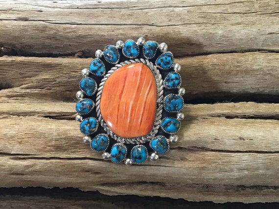 Beautiful Native American Navajo Spiny Oyster Sterling Silver Ring Signed Beautiful Native American Navajo Spiny Oyster Sterling Silver Ring Signed
