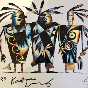 May include: A colorful drawing of three stylized figures with geometric patterns and black outlines. The figures are standing side-by-side and have headdresses with feathers. The drawing is signed "Karl Terry 2017" and numbered "3 of 25".