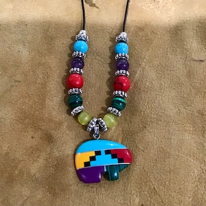 Authentic Native America Indian Jewelry Navajo Zuni Turquoise Multicolor Bear Necklace Southwestern Jewelry