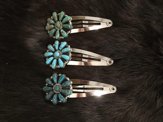 SIGNED Native American Indian Jewelry Southwestern Navajo Zuni Hopi Sterling Silver Turquoise Hair Clip Accessories Native American Art